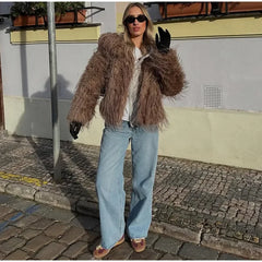 Warm Fluffy Faux Fur Cardigan Coats Women's Winter Turn-down Collar Full Sleeve Overcoat 2025 Autumn New Lady Solid Streetwear