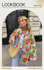 UNIZERA 2023 Autumn New Product Women's Fashion Versatile Round Neck Stripe Spliced Print Retro Quilted Cotton Coat