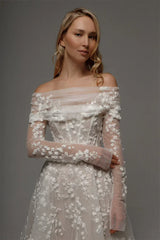 Kyoto Customized Lace Flowers Detachable Long Sleeves Wedding Dress Ankle-Length Glitter vestidos de novia A-Line Formal Gown