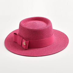 NEW Spring Summer Straw Hats for Women Round Bumpy Surface Flat Top Bowknot Dress Cap Travel Beach Sun Hat Gorra