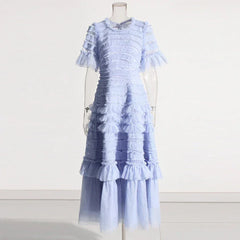 Patchwork Edible Tree Fungus Elegant Dresses For Women Round Neck Short Sleeve High Waist Temperament Dress Female Fashion