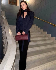 Tuularose Stripe Tailored Coat For Women Lace Up V Neck Long Sleeves Coat Female Fashion Elegant High-End Formal Tailored Coat