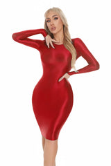 Sexy Women Oil Glossy Shiny Tight Pencil Dress Stain Smooth Bodycon Dress Elastic Push Up Packet Hip Stretch Step Dress