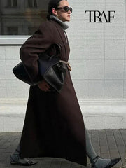 TRAF Women Fashion Solid Color Wool Lengthened Coat Elegant Warm Street Coat Autumn and Winter Retro Pocket Double-Breasted Coat