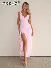 Ladies Summer Ruffle Evening Birthday Party Dress Women Sleeveless Backless Side Slit Long Dresses Clubwear Woman Clothes 2025