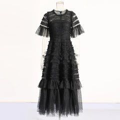 Patchwork Edible Tree Fungus Elegant Dresses For Women Round Neck Short Sleeve High Waist Temperament Dress Female Fashion