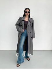 Lautaro Spring Autumn Oversized Khaki Long Grey Trench Coat for Women Double Breasted Loose Casual Korean Fashion Overcoat 2024