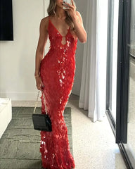2025 Glitter Sequins Spaghetti Straps Women's Evening Dress Sleeveless Backless High Waist Floor Length Lady Birthday Party Gown