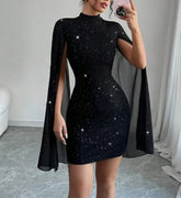 Elegant Cape-Sleeve Dress - 2025 Office Lady Pearl Chiffon Party Dress