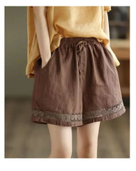Cotton Linen Vintage High-Waist Elastic New Style Tie-Belt Embroidered Hollow Casual Straight Shorts