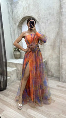 Elegant Oblique Shoulder Single-sleeve Zipper High Slit Mesh Long Dress For Women Fashion Flower Decoration Party Dress Female