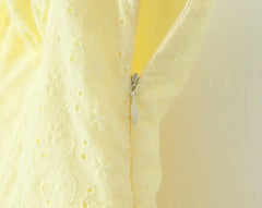 YENKYE Sexy Elegant Women Hollow Out Embroidery Yellow Sling Mini Dress Low Waist Lace Up Bandage Party Dresses Birthday Robe