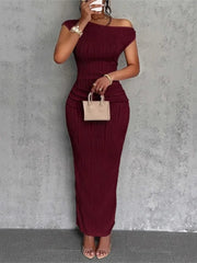 Fashion Water Ripple Slanted Shoulder Dress Women's Elegant And Simple Solid Color A-line Collar Mid-waist Sexy Hip Wrap Skirt