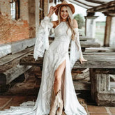 FL&AEVVE Customized Bohemian Chic Civil Bridal Dress Hippie Crochet Lace Wedding Dress With Slit Gatsby Elvish Bride Gown Robe