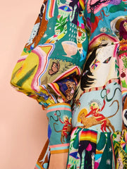 2025 printed round neck cinched waist strap pleated ruffle edge retro pleated dress cardigan temperament versatile dress