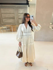 Elegant Lace Patchwork Hollow Out Dress Women Solid V-neck Long Lantern Sleeve Loose Dresses 2025 Spring Vacation Lady Robes