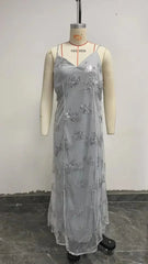 Women Dresses Sleeveless V Neck Pullover Sequins Party Dress Vestidos Formal Floor Length Sexy Wrap Breast Backless Slim