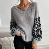 Womens V Neck Sweater With Leopard Print Sleeves - Femstylo