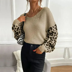 Womens V Neck Sweater With Leopard Print Sleeves - Femstylo