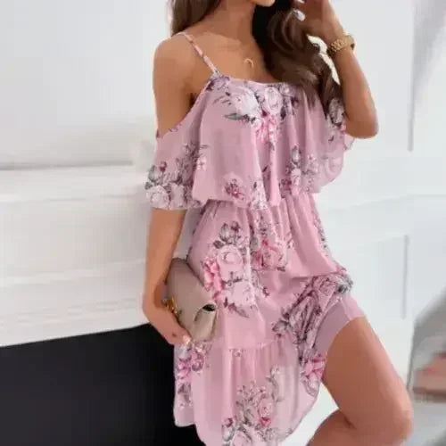 Cold Shoulder Chiffon Beach Dress - Flowy Ruffle Summer Dress - Femstylo