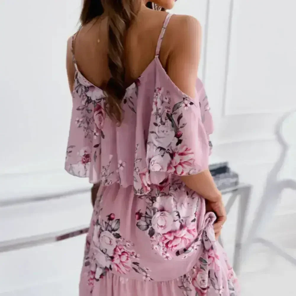 Cold Shoulder Chiffon Beach Dress - Flowy Ruffle Summer Dress - Femstylo