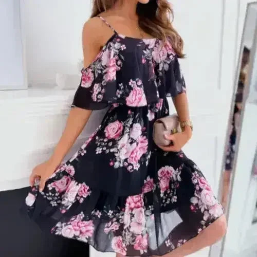 Cold Shoulder Chiffon Beach Dress - Flowy Ruffle Summer Dress - Femstylo