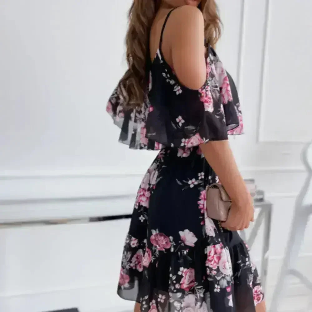 Cold Shoulder Chiffon Beach Dress - Flowy Ruffle Summer Dress - Femstylo