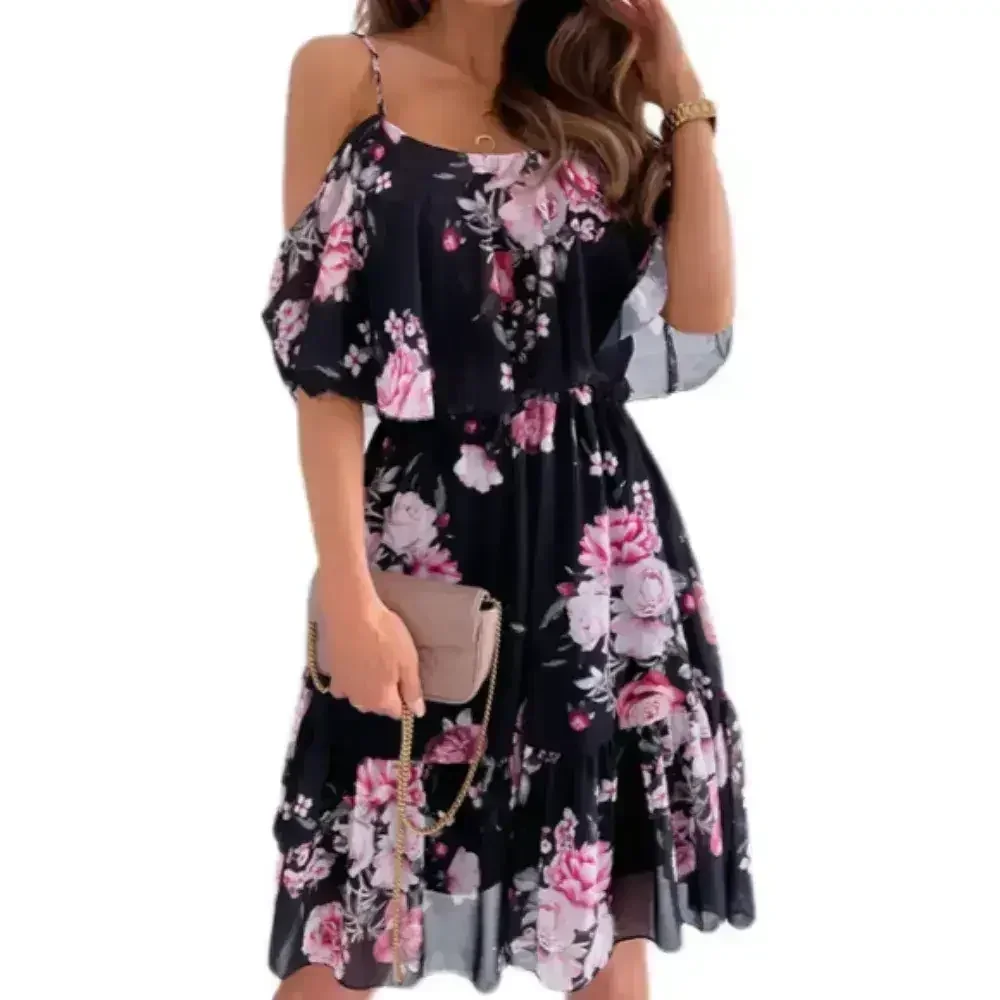 Cold Shoulder Chiffon Beach Dress - Flowy Ruffle Summer Dress - Femstylo