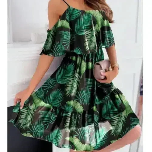 Cold Shoulder Chiffon Beach Dress - Flowy Ruffle Summer Dress - Femstylo