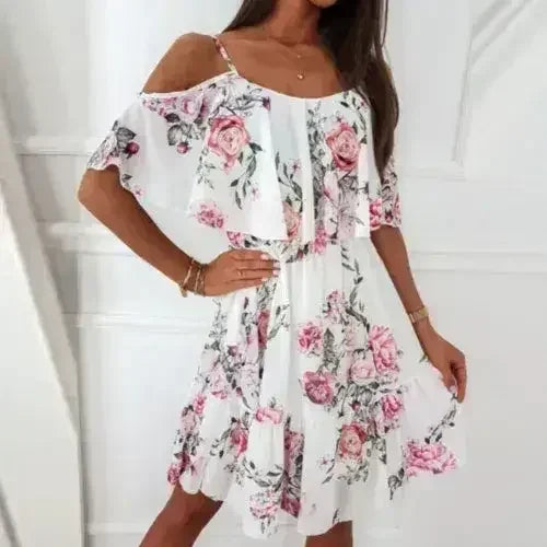 Cold Shoulder Chiffon Beach Dress - Flowy Ruffle Summer Dress - Femstylo