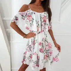 Cold Shoulder Chiffon Beach Dress - Flowy Ruffle Summer Dress - Femstylo