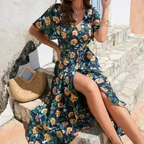 Women’s Floral Wrap Dress – Ruffled Summer Dress in Navy - Femstylo