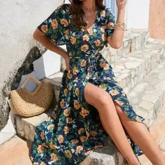 Women’s Floral Wrap Dress – Ruffled Summer Dress in Navy - Femstylo