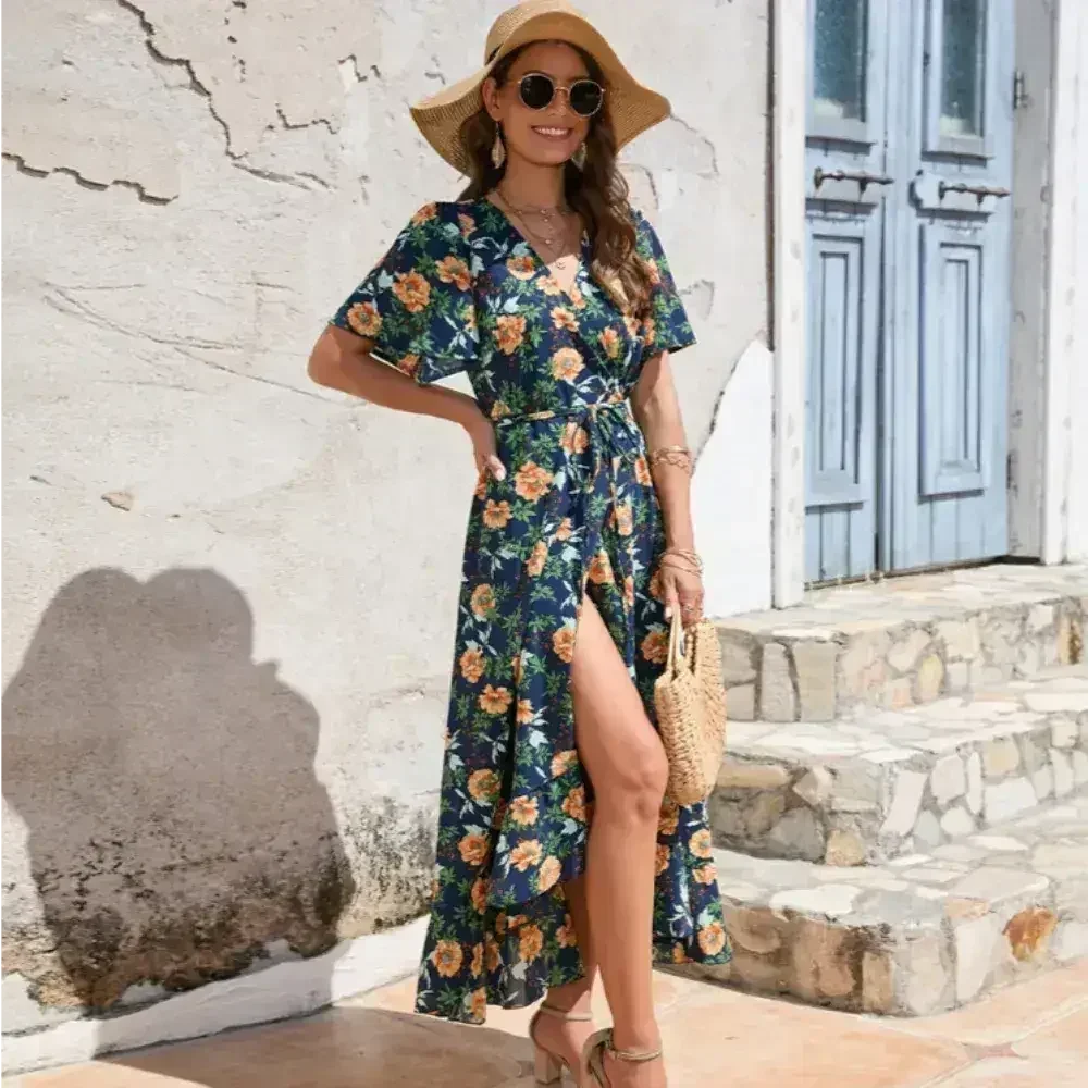 Women’s Floral Wrap Dress – Ruffled Summer Dress in Navy - Femstylo
