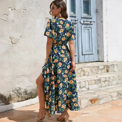 Women’s Floral Wrap Dress – Ruffled Summer Dress in Navy - Femstylo