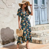 Women’s Floral Wrap Dress – Ruffled Summer Dress in Navy - Femstylo