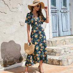 Women’s Floral Wrap Dress – Ruffled Summer Dress in Navy - Femstylo