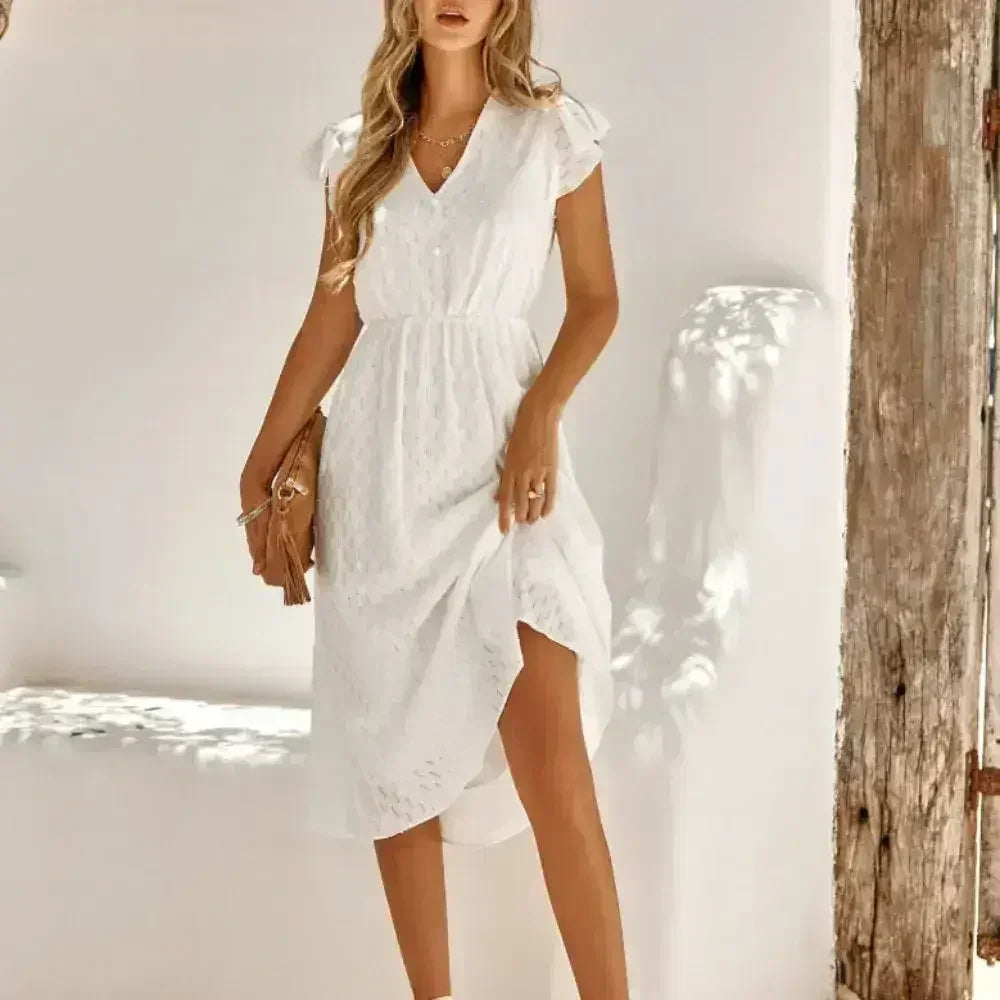 Women V Neck Ruffle Sleeve Summer Dress - Femstylo - Femstylo