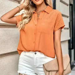 Pleated Short Sleeve Shirt - Women's Summer Blouse in 3 Colors - Femstylo