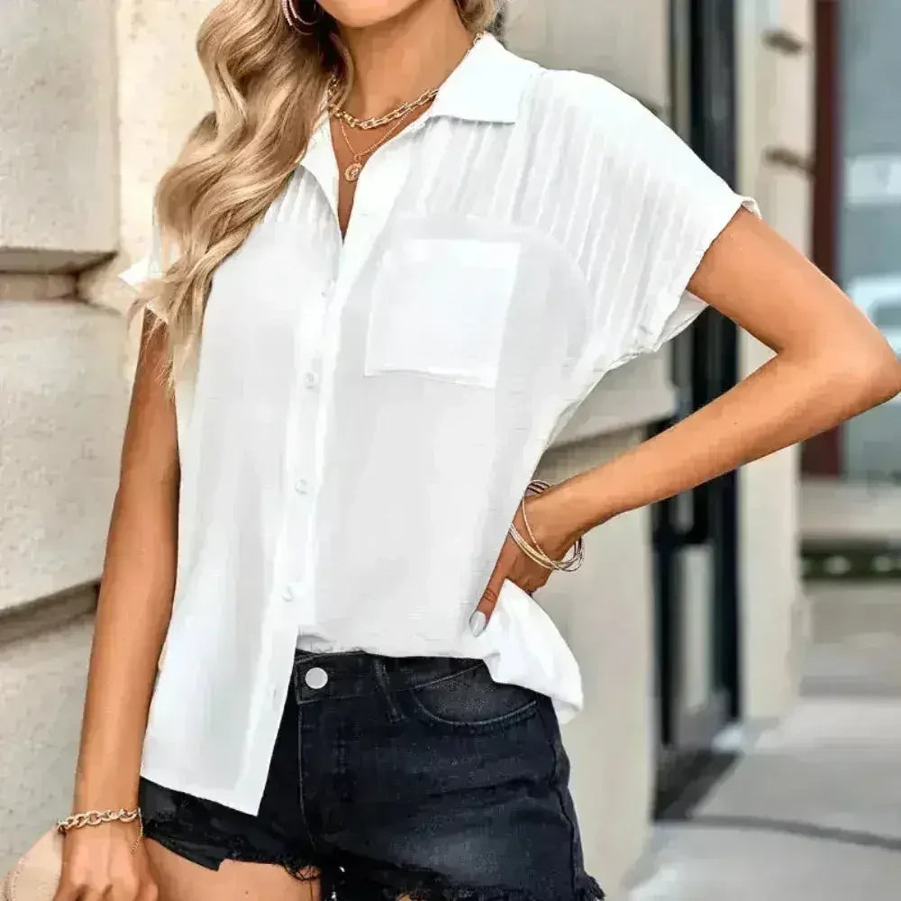 Pleated Short Sleeve Shirt - Women's Summer Blouse in 3 Colors - Femstylo