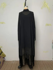 Yeezzi 2025 New Spring Fashion See-Through Tassel Party Dresses Women Batwing Sleeves Solid Color High-Neck Two Piece Set Dress