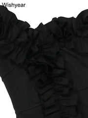 Sexy Night Sleeveless Off Shoulder Wooden Ear Edge Ruffles Bodycon Split Red Midi Dress Women Evening Birthday Party Vestidos