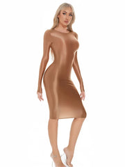Sexy Women Oil Glossy Shiny Tight Pencil Dress Stain Smooth Bodycon Dress Elastic Push Up Packet Hip Stretch Step Dress