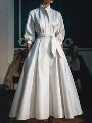 Elegant Women's Solid Color Stand Collar Shirt Dress Casual Mid-Length Waisted Evening Party Dress for Women 2024