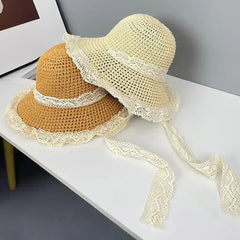 Summer Women's Lace Straw Beach Hat Foldable Sun Hat with Wide Brim Fresh Stylish Sunblock Shade Hat Perfect for Travel Holiday
