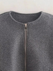 Ladies Fashion Autumn Winter Jacket Women Retro Round Neck Long Sleeve Elastic Hem Zipper Soft Bomber Jacket Women Coat Female