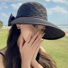 Women's Summer Straw Hat UV Protection Wide Brim | Breathable Bow Sun Hat Fashion Beach Accessory