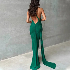 Hugcitar One Shoulder Backless Adjustable Scarf Loop Ruched Sexy Maxi Dress Women Elegant Y2K Streetwear Festival Outfit