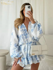 Clacive Fashion Loose Print Women's Dress 2024 Casual O-Neck Long Sleeve Mini Dresses Elegant High Waist Pleated Female Dress