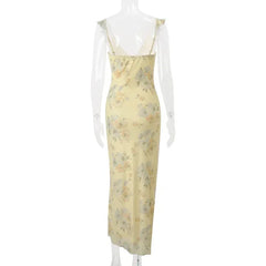 Yellow Floral Maxi Dress | Retro V-Neck Summer Party Gown -femstylo